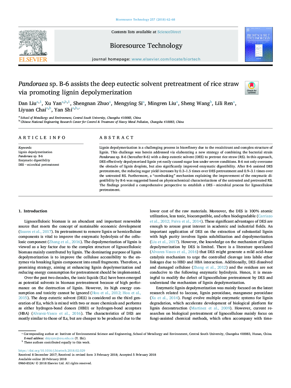 Pandoraea sp. B-6 assists the deep eutectic solvent pretreatment of rice straw via promoting lignin depolymerization