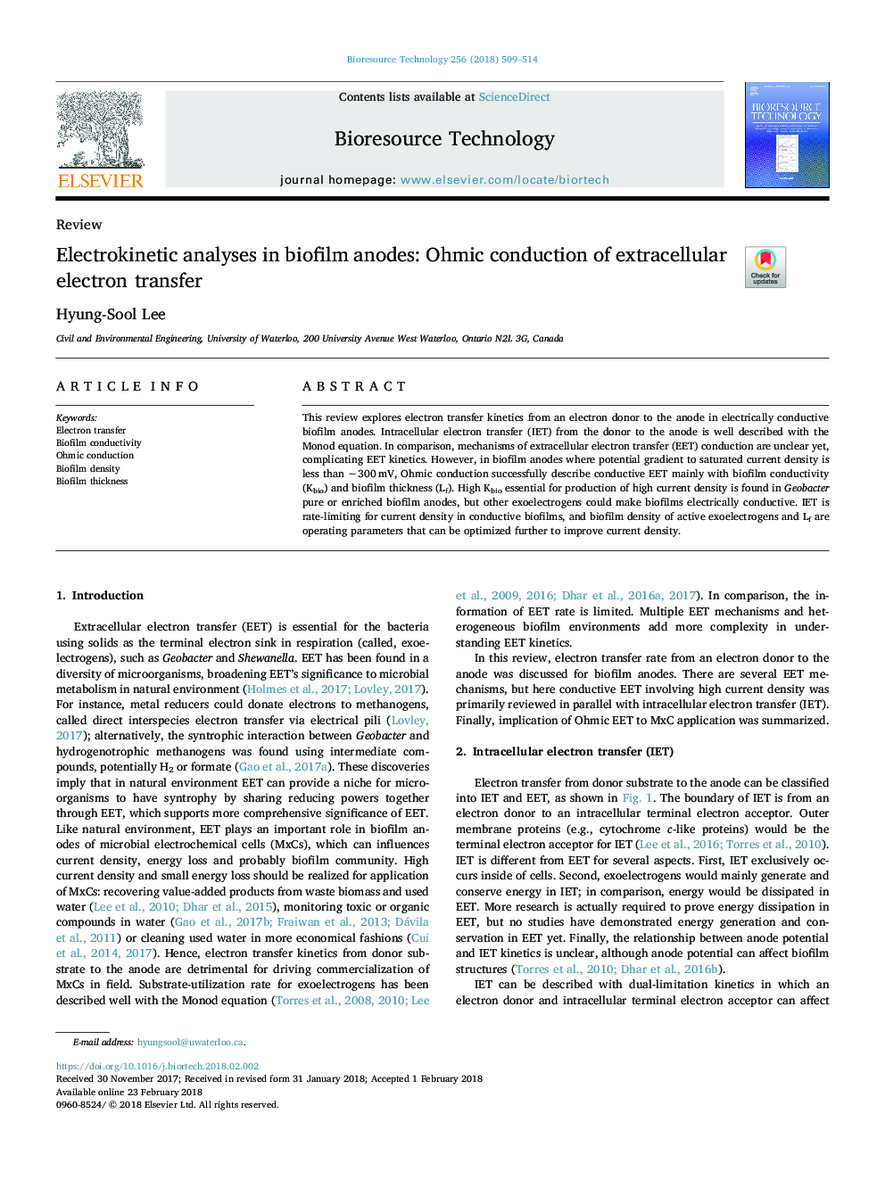 Electrokinetic analyses in biofilm anodes: Ohmic conduction of extracellular electron transfer