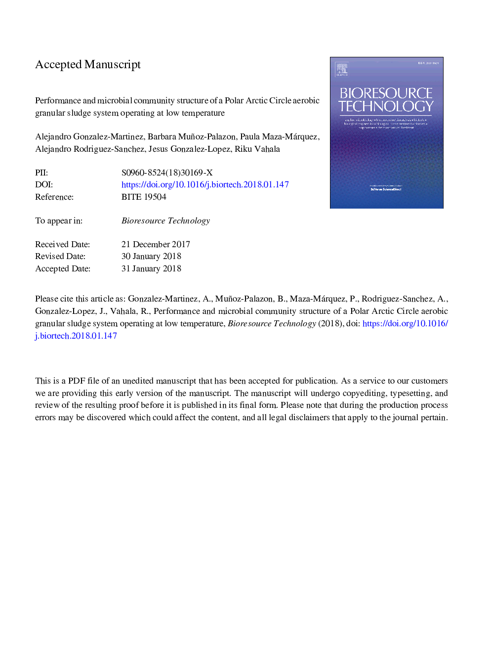 Performance and microbial community structure of a polar Arctic Circle aerobic granular sludge system operating at low temperature