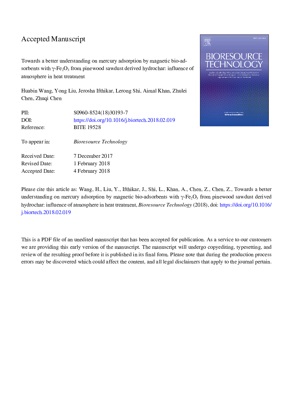 Towards a better understanding on mercury adsorption by magnetic bio-adsorbents with Î³-Fe2O3 from pinewood sawdust derived hydrochar: Influence of atmosphere in heat treatment