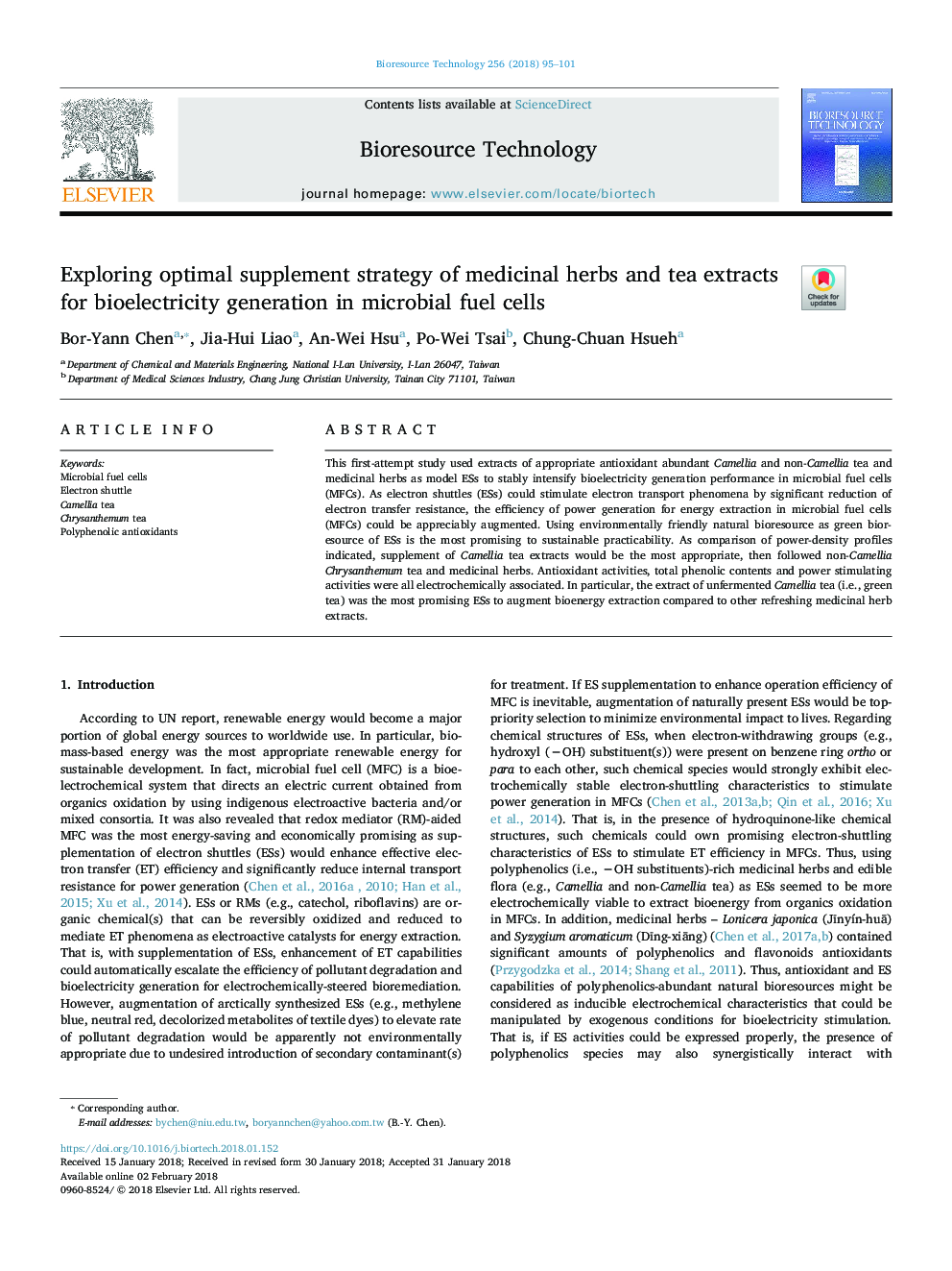 Exploring optimal supplement strategy of medicinal herbs and tea extracts for bioelectricity generation in microbial fuel cells