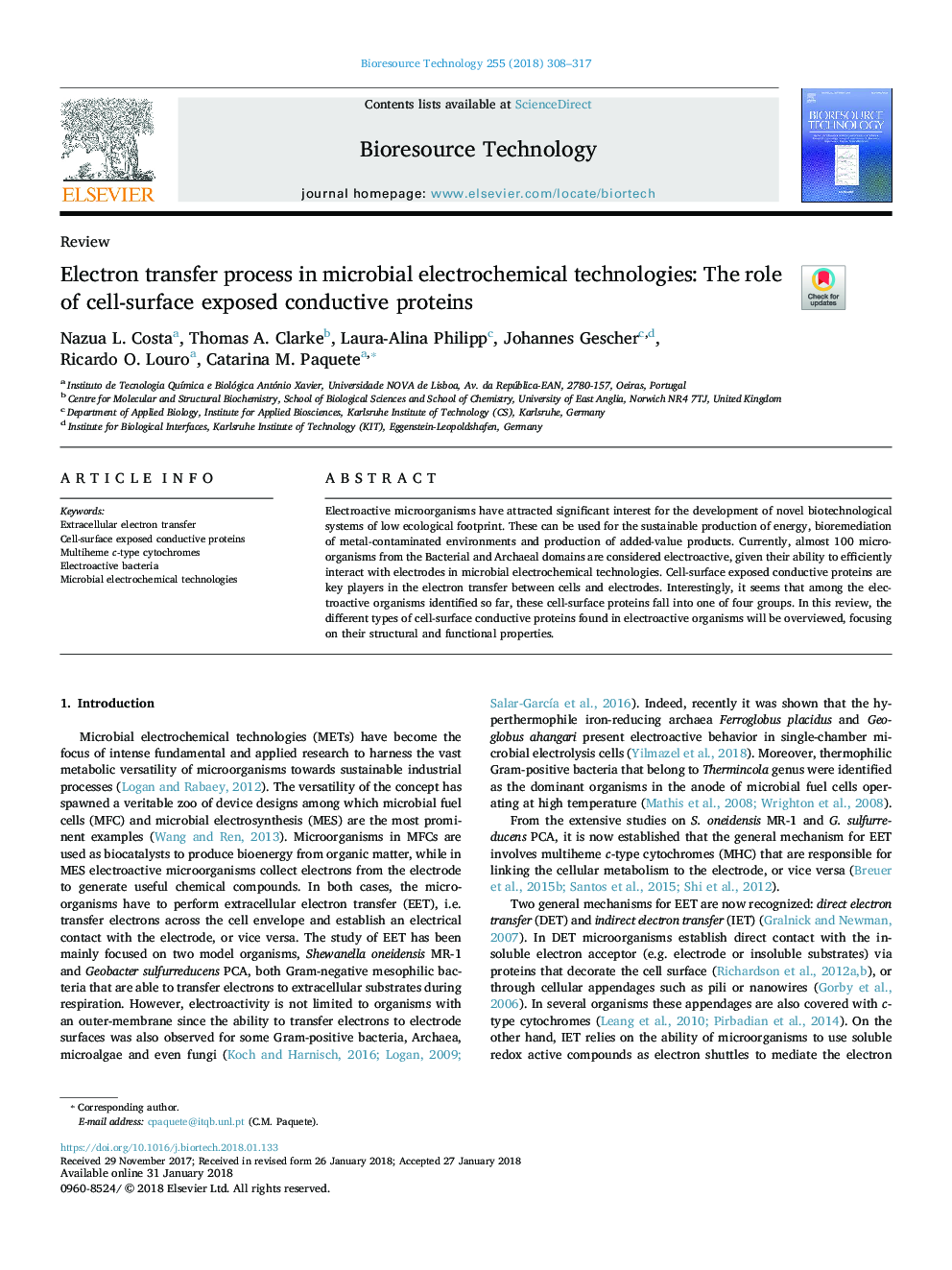 Electron transfer process in microbial electrochemical technologies: The role of cell-surface exposed conductive proteins