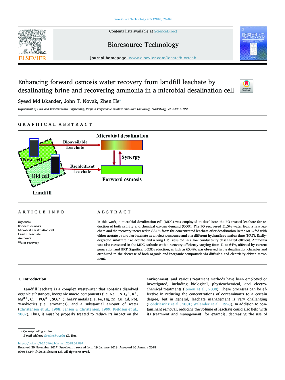 Enhancing forward osmosis water recovery from landfill leachate by desalinating brine and recovering ammonia in a microbial desalination cell