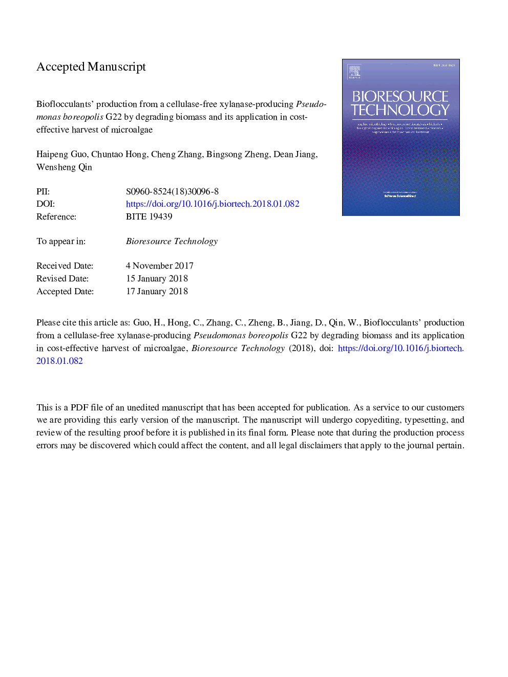 Bioflocculants' production from a cellulase-free xylanase-producing Pseudomonas boreopolis G22 by degrading biomass and its application in cost-effective harvest of microalgae