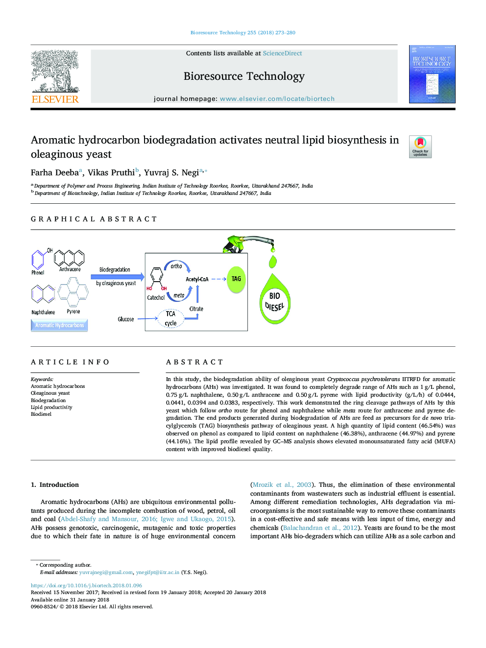 Aromatic hydrocarbon biodegradation activates neutral lipid biosynthesis in oleaginous yeast