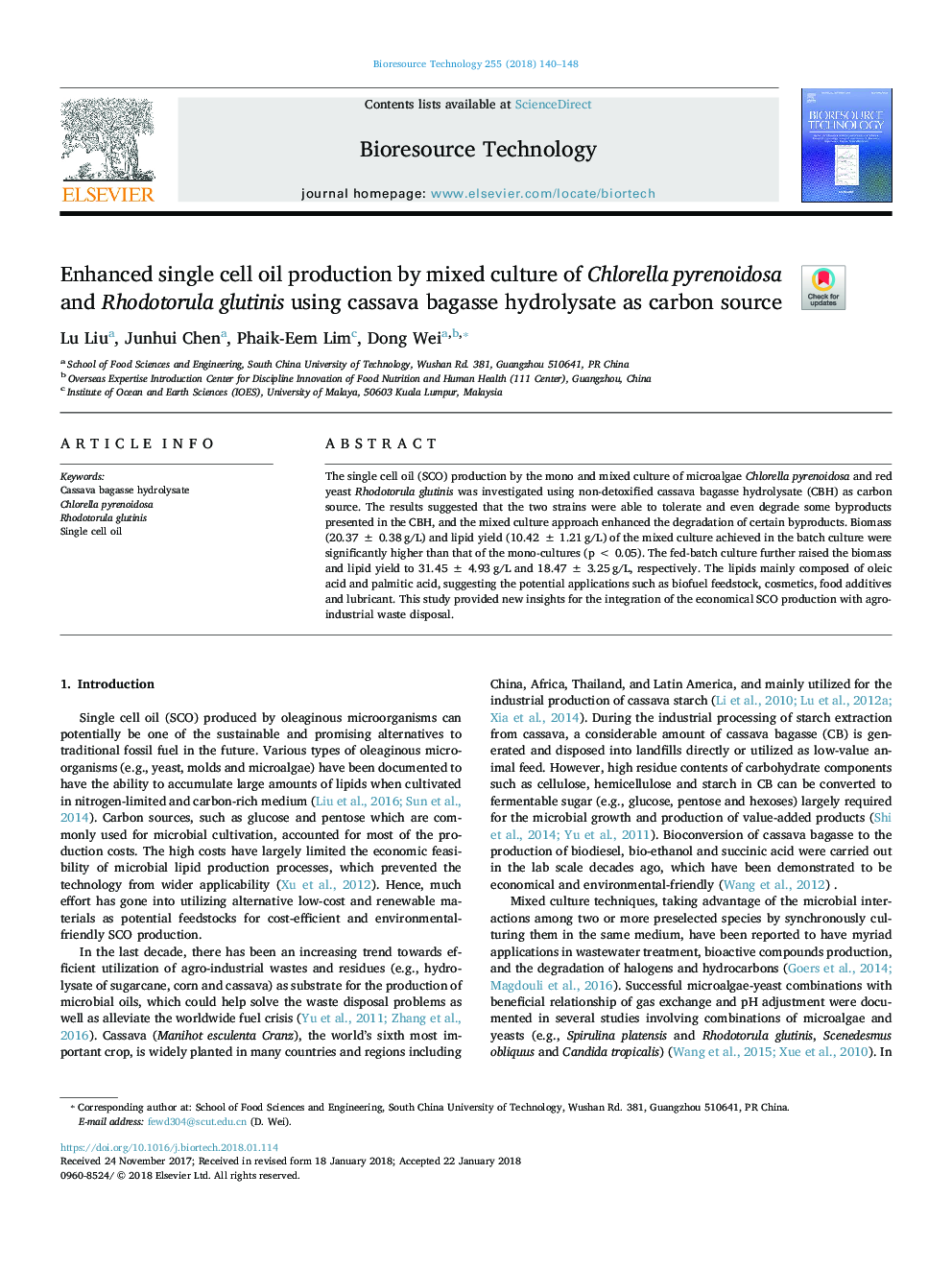 Enhanced single cell oil production by mixed culture of Chlorella pyrenoidosa and Rhodotorula glutinis using cassava bagasse hydrolysate as carbon source