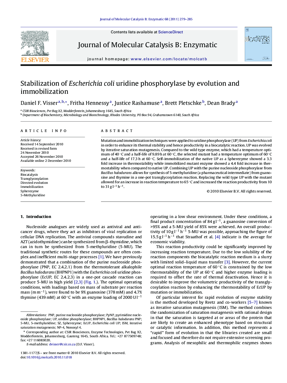 Stabilization of Escherichia coli uridine phosphorylase by evolution and immobilization