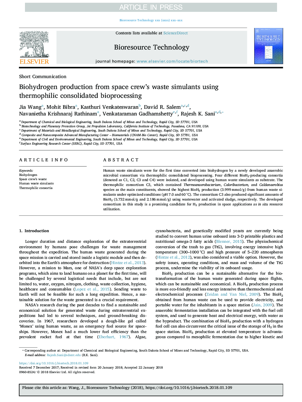 Biohydrogen production from space crew's waste simulants using thermophilic consolidated bioprocessing