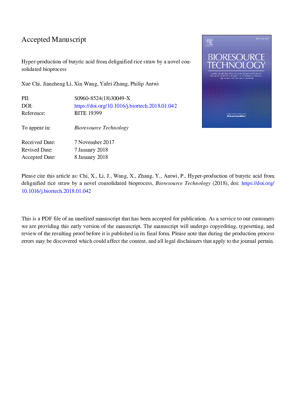 Hyper-production of butyric acid from delignified rice straw by a novel consolidated bioprocess