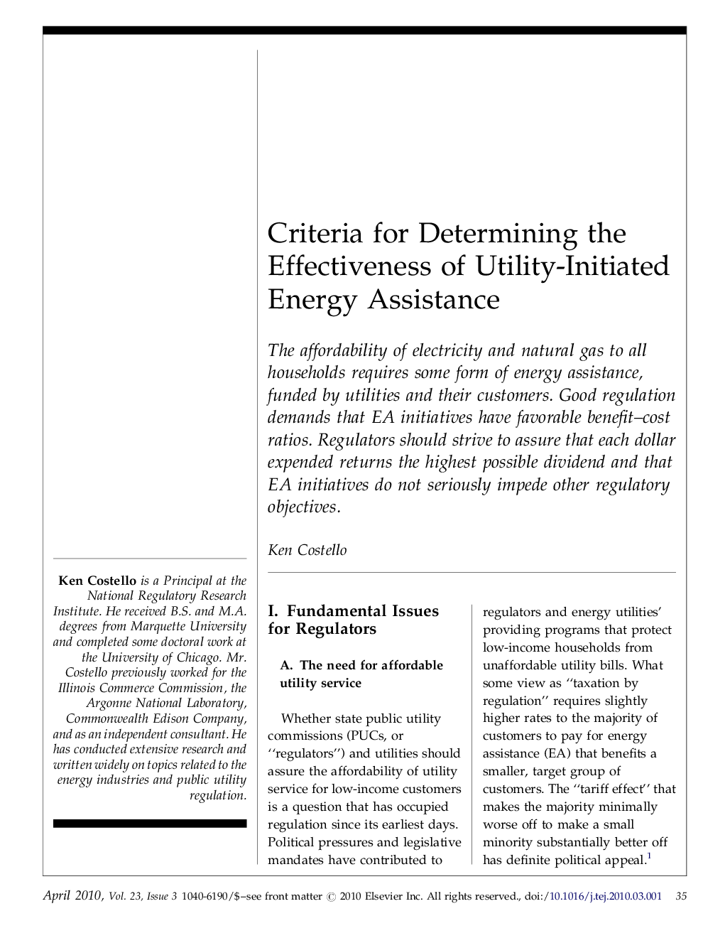 Criteria for Determining the Effectiveness of Utility-Initiated Energy Assistance