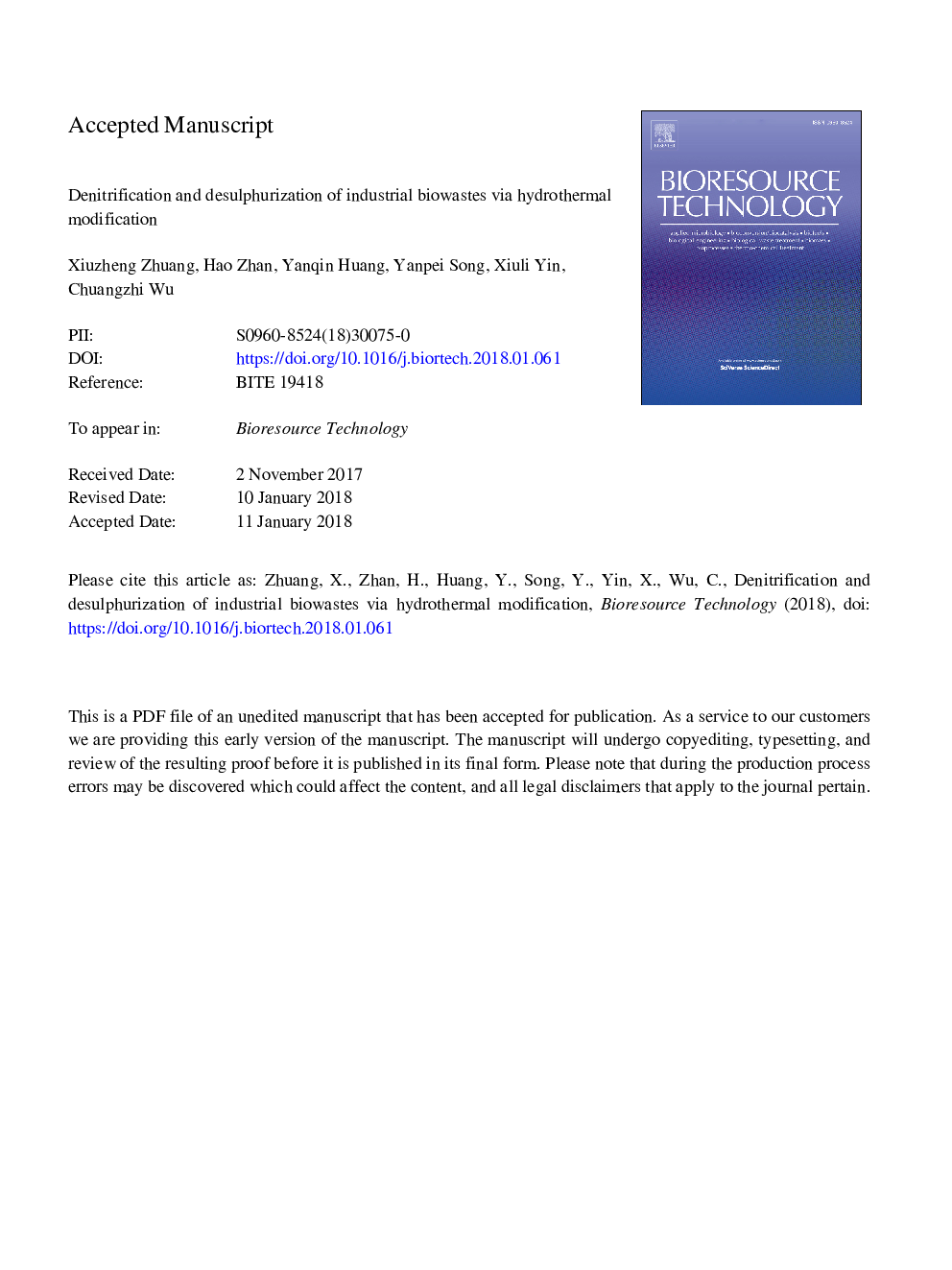 Denitrification and desulphurization of industrial biowastes via hydrothermal modification