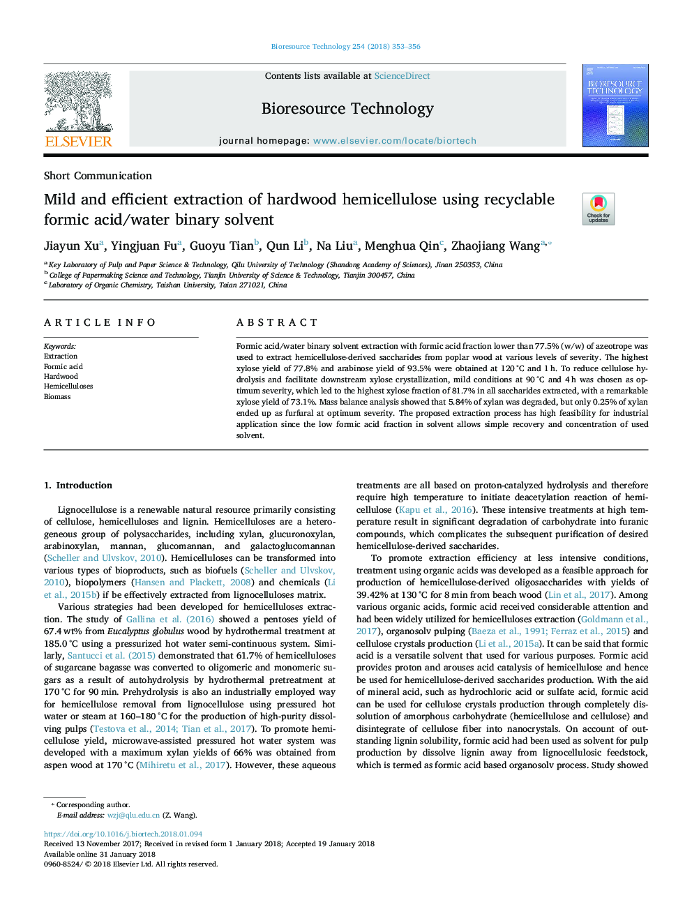 Mild and efficient extraction of hardwood hemicellulose using recyclable formic acid/water binary solvent