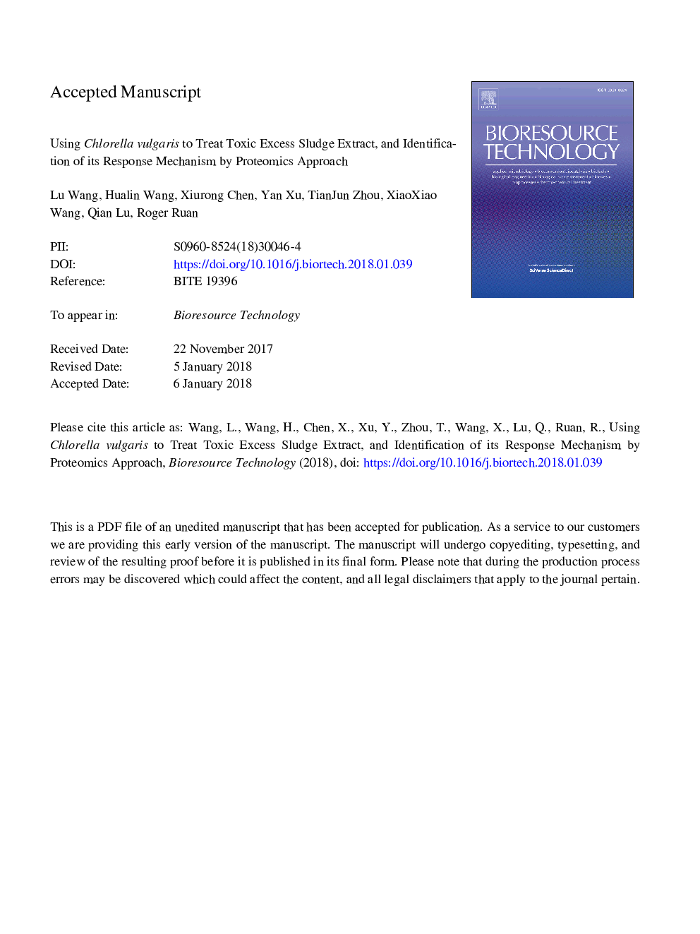 Using Chlorella vulgaris to treat toxic excess sludge extract, and identification of its response mechanism by proteomics approach