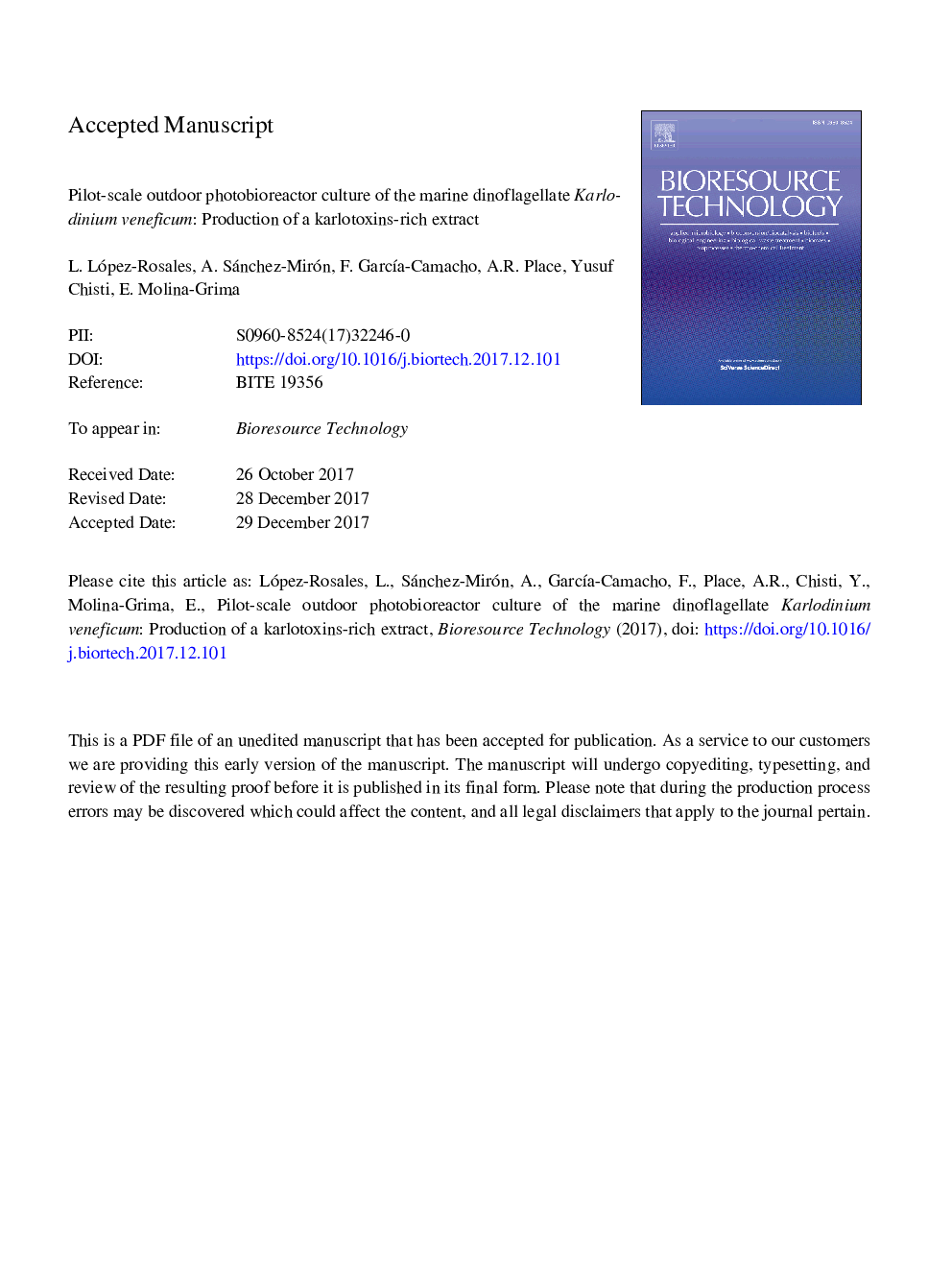 عکس صفحه اول مقاله: Pilot-scale outdoor photobioreactor culture of the marine dinoflagellate Karlodinium veneficum: Production of a karlotoxins-rich extract Pilot-scale outdoor photobioreactor culture of the marine dinoflagellate Karlodinium veneficum: Production of a karlotoxins-rich extract