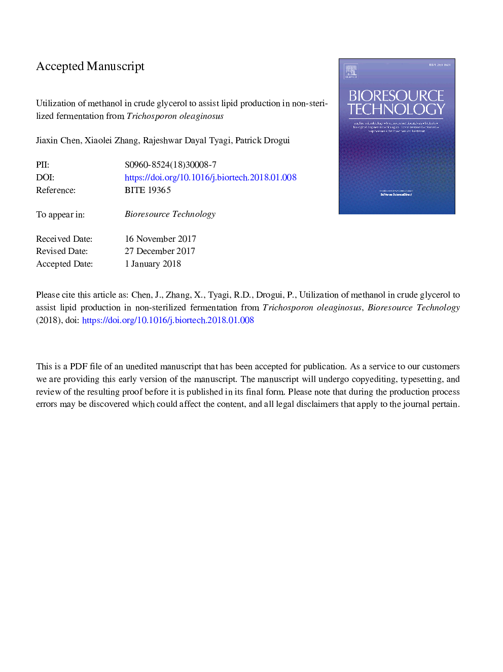 Utilization of methanol in crude glycerol to assist lipid production in non-sterilized fermentation from Trichosporon oleaginosus