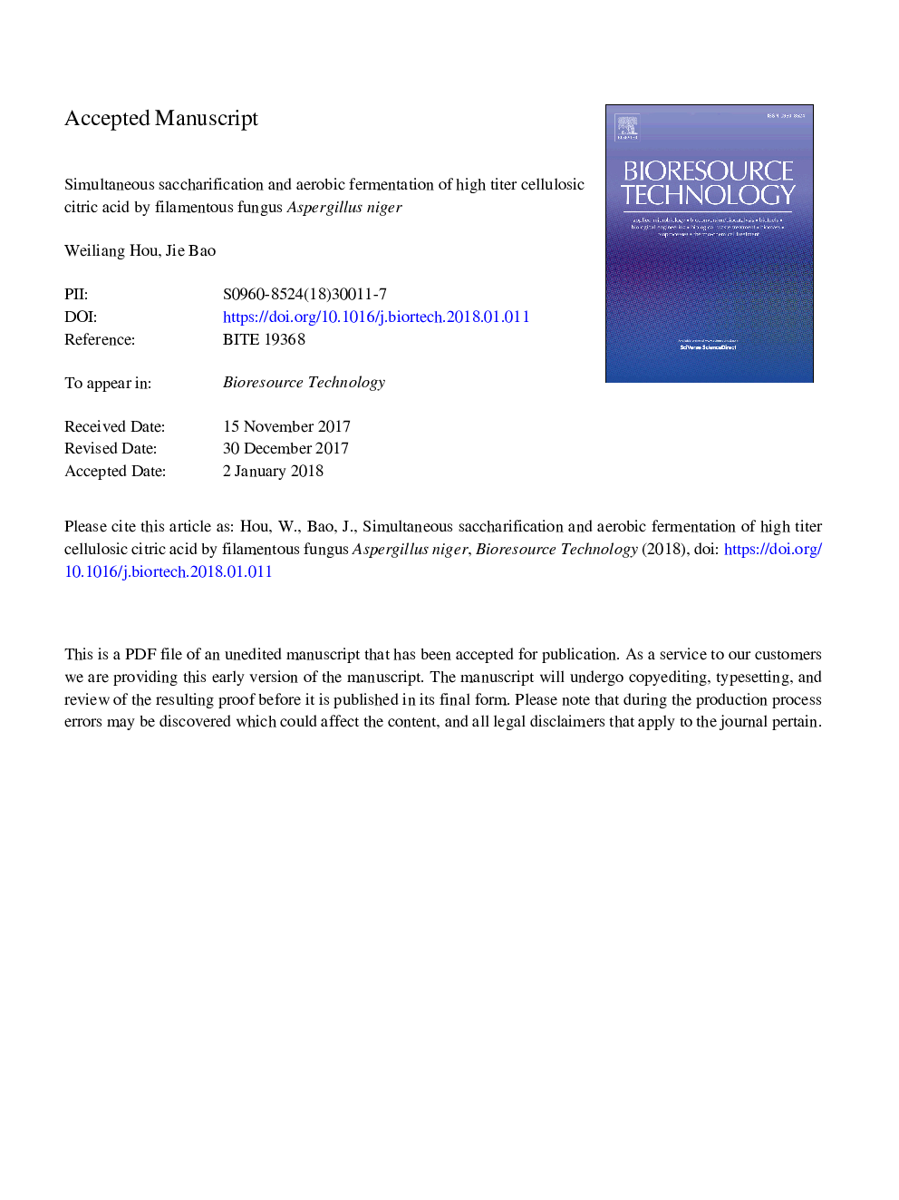 Simultaneous saccharification and aerobic fermentation of high titer cellulosic citric acid by filamentous fungus Aspergillus niger