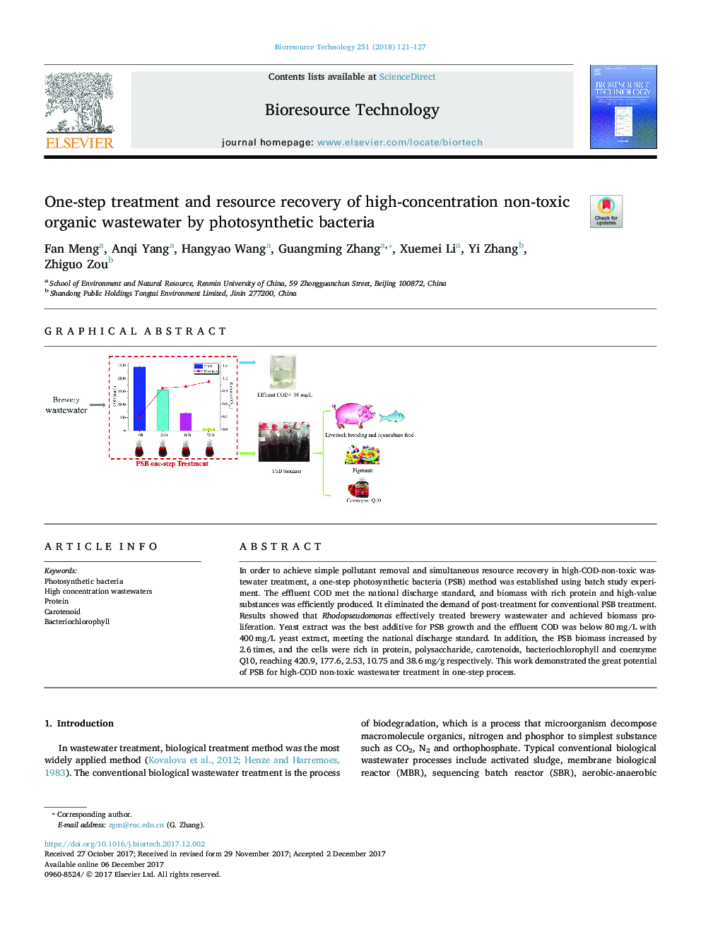 One-step treatment and resource recovery of high-concentration non-toxic organic wastewater by photosynthetic bacteria