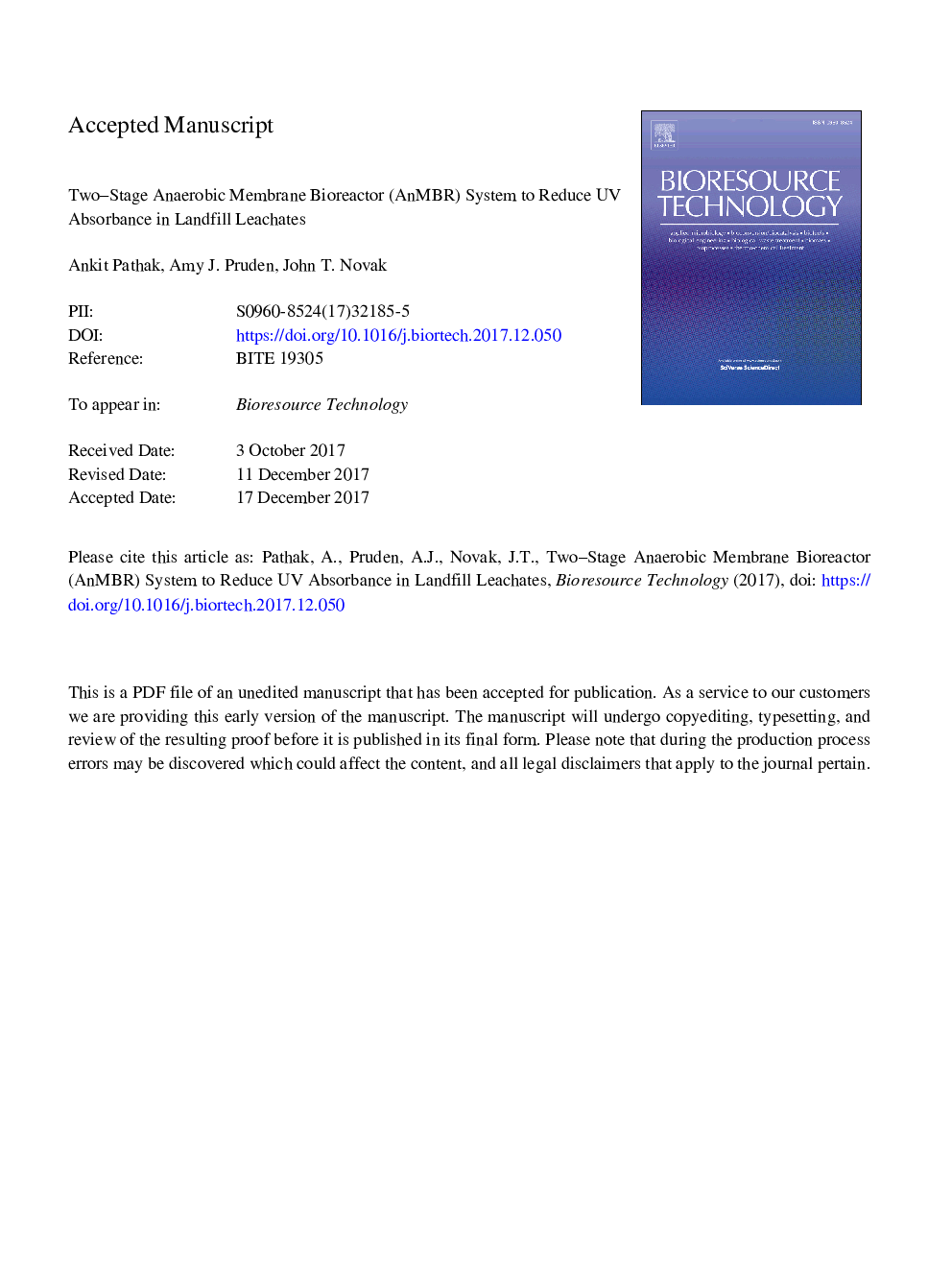 Two-stage Anaerobic Membrane Bioreactor (AnMBR) system to reduce UV absorbance in landfill leachates