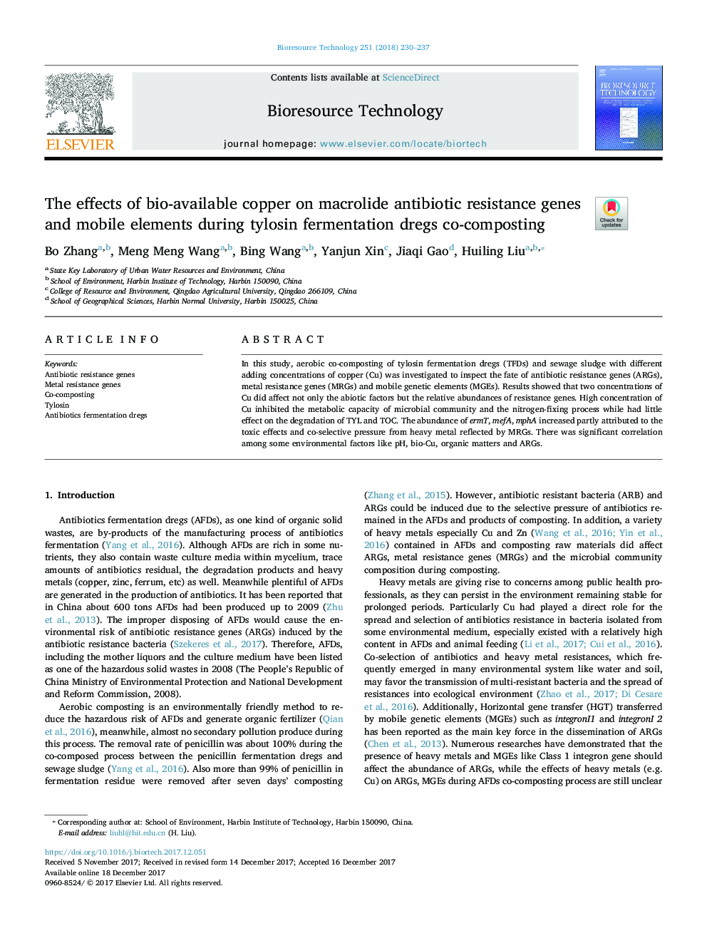 The effects of bio-available copper on macrolide antibiotic resistance genes and mobile elements during tylosin fermentation dregs co-composting