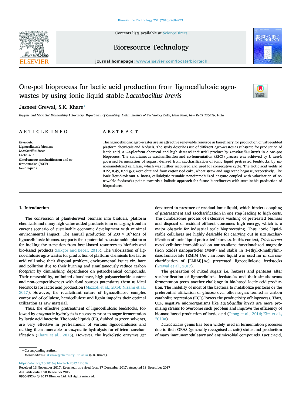 One-pot bioprocess for lactic acid production from lignocellulosic agro-wastes by using ionic liquid stable Lactobacillus brevis