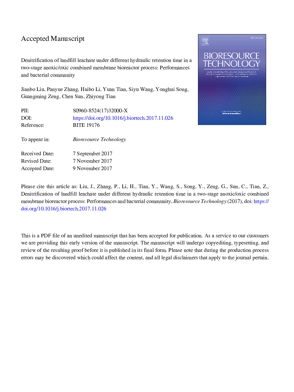 Denitrification of landfill leachate under different hydraulic retention time in a two-stage anoxic/oxic combined membrane bioreactor process: Performances and bacterial community