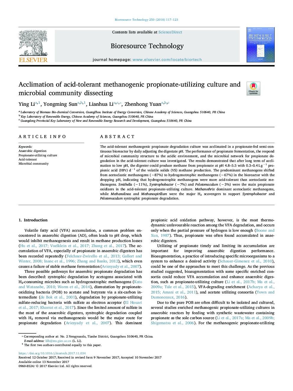 Acclimation of acid-tolerant methanogenic propionate-utilizing culture and microbial community dissecting