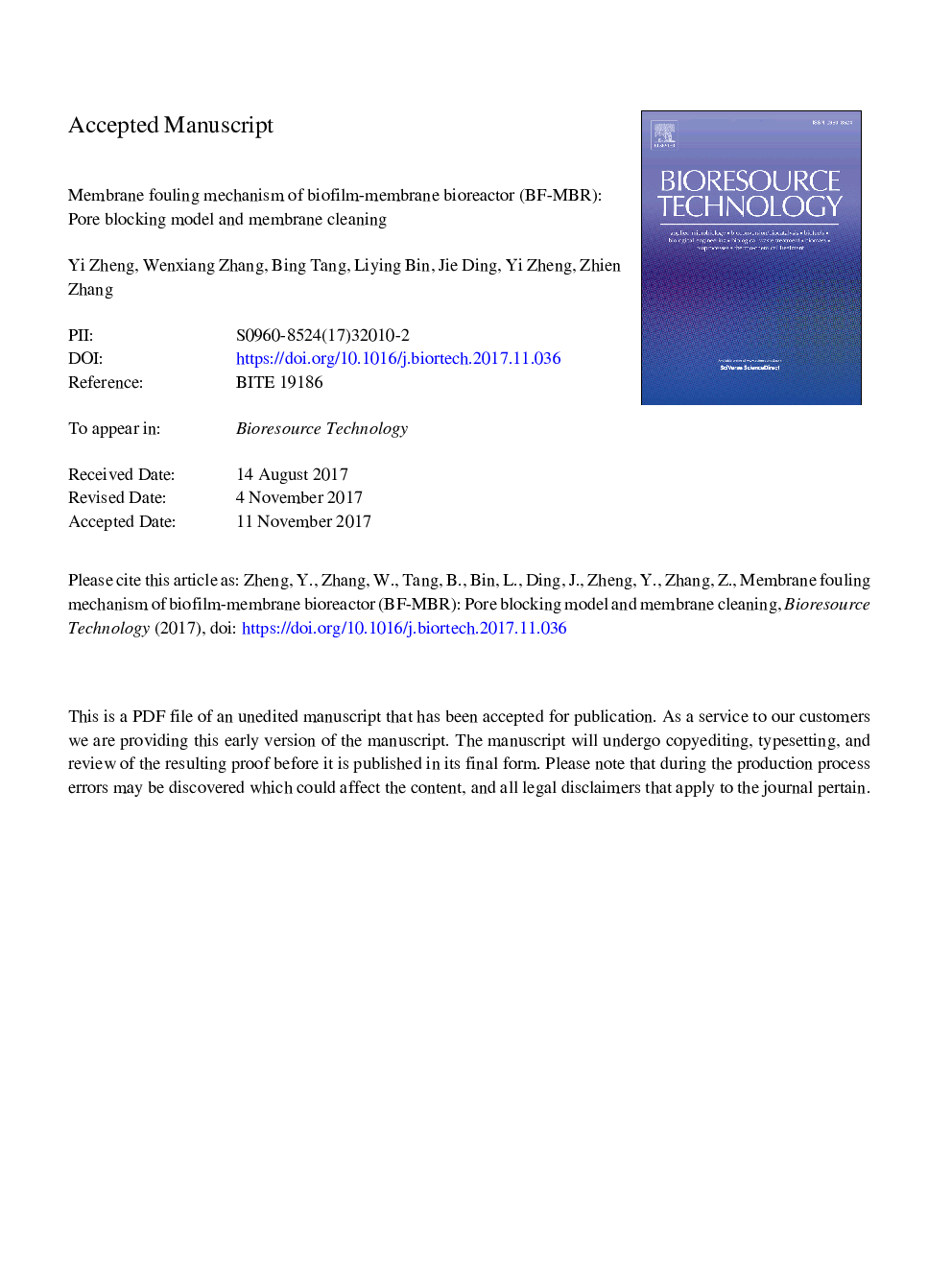 Membrane fouling mechanism of biofilm-membrane bioreactor (BF-MBR): Pore blocking model and membrane cleaning