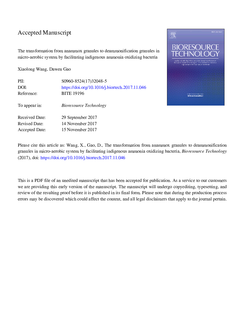 The transformation from anammox granules to deammonification granules in micro-aerobic system by facilitating indigenous ammonia oxidizing bacteria