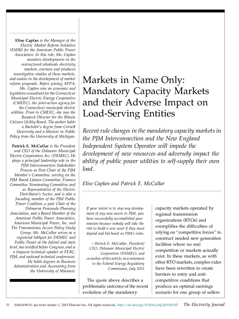عکس صفحه اول مقاله: Markets in Name Only: Mandatory Capacity Markets and their Adverse Impact on Load-Serving Entities Markets in Name Only: Mandatory Capacity Markets and their Adverse Impact on Load-Serving Entities