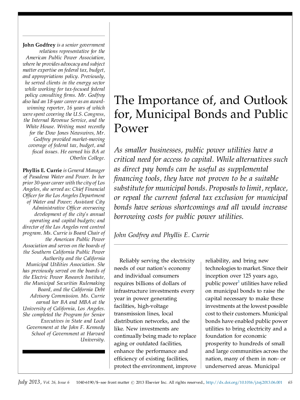 The Importance of, and Outlook for, Municipal Bonds and Public Power