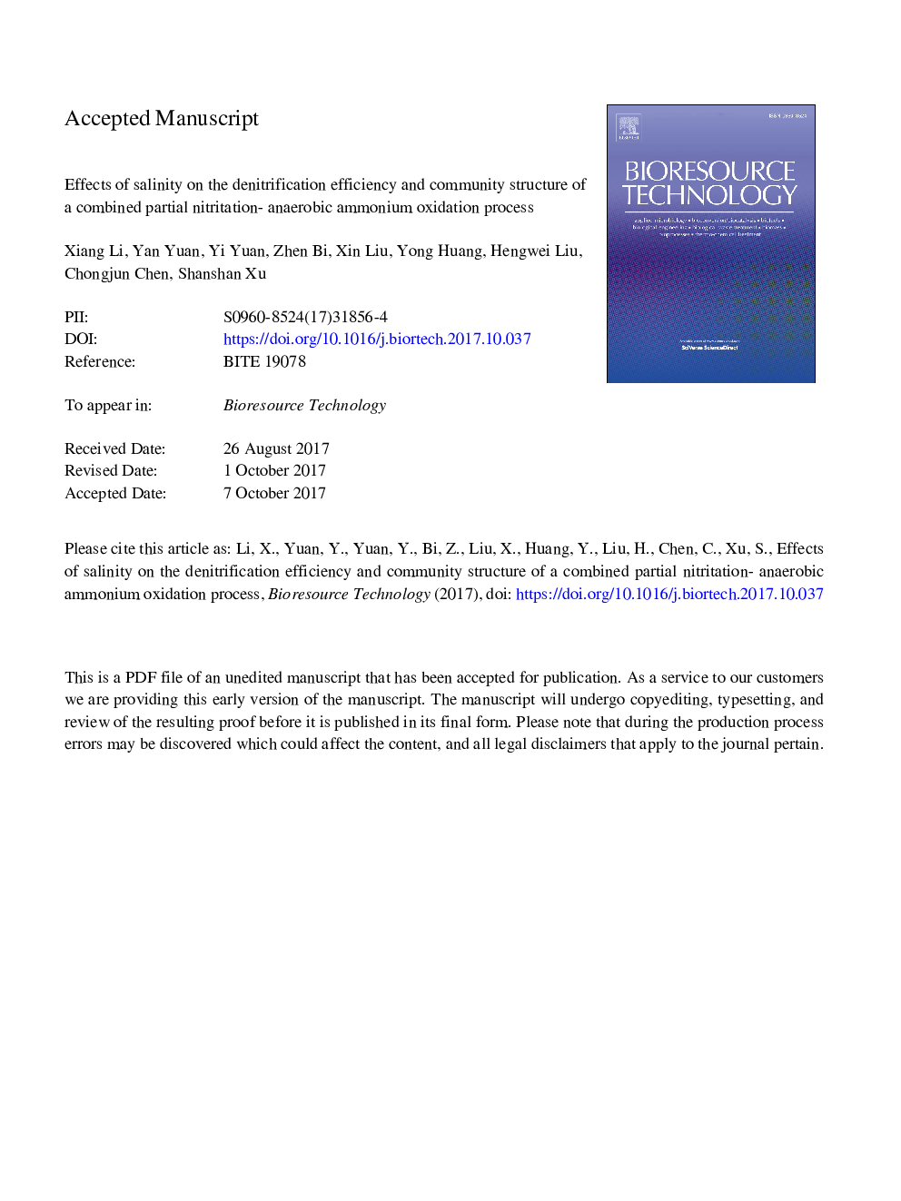 Effects of salinity on the denitrification efficiency and community structure of a combined partial nitritation- anaerobic ammonium oxidation process