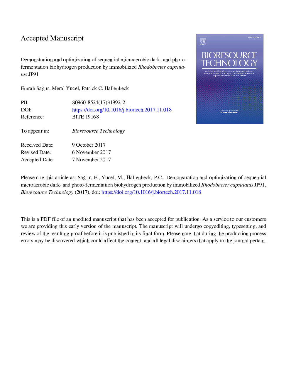 Demonstration and optimization of sequential microaerobic dark- and photo-fermentation biohydrogen production by immobilized Rhodobacter capsulatus JP91