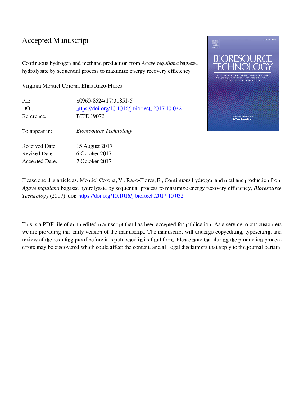 Continuous hydrogen and methane production from Agave tequilana bagasse hydrolysate by sequential process to maximize energy recovery efficiency