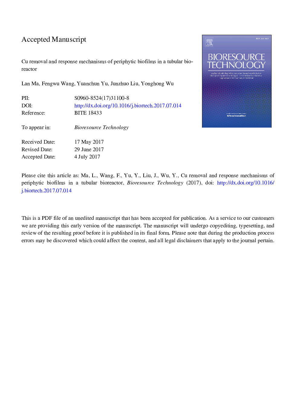 عکس صفحه اول مقاله: Cu removal and response mechanisms of periphytic biofilms in a tubular bioreactor Cu removal and response mechanisms of periphytic biofilms in a tubular bioreactor