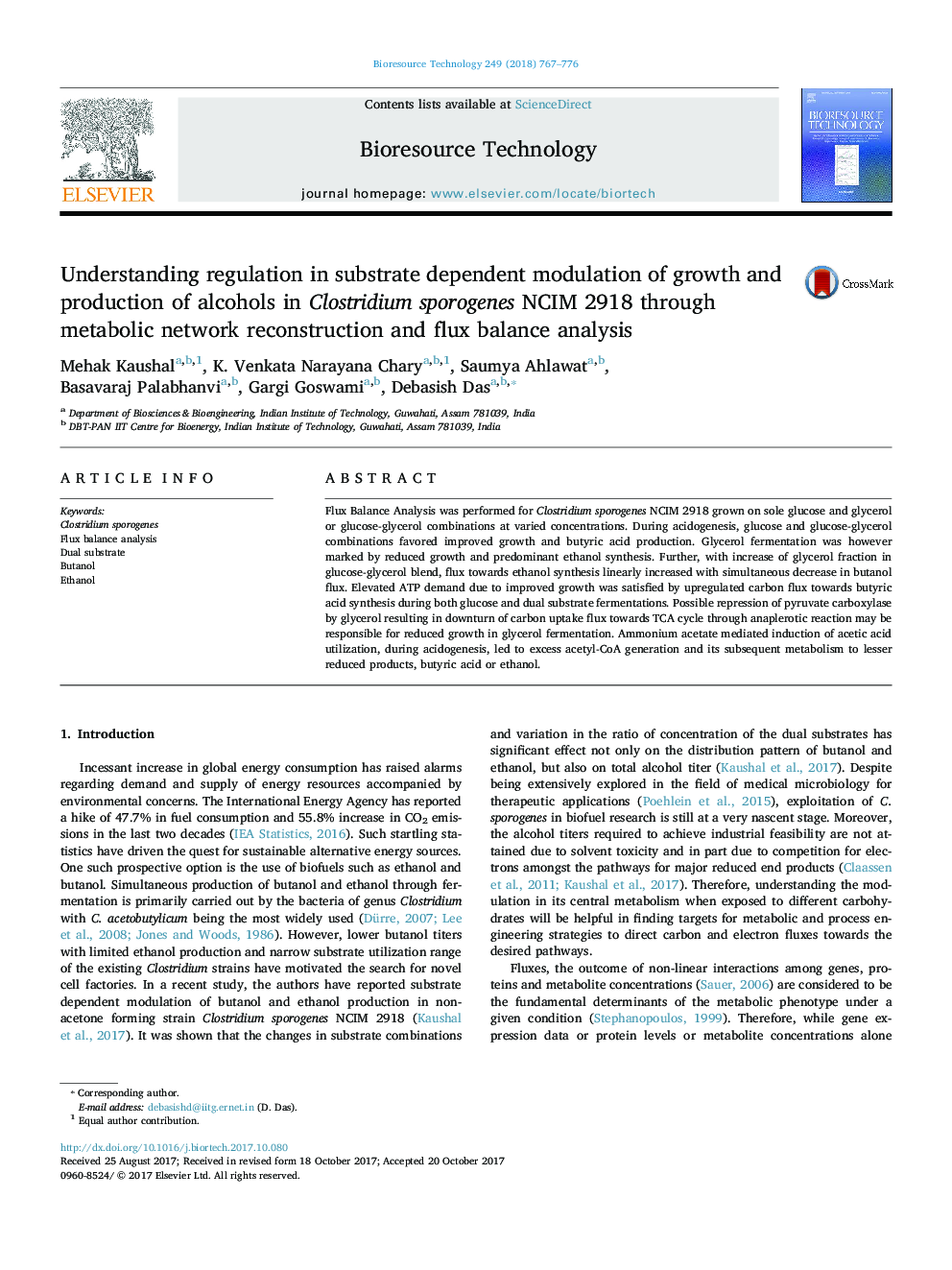 Understanding regulation in substrate dependent modulation of growth and production of alcohols in Clostridium sporogenes NCIM 2918 through metabolic network reconstruction and flux balance analysis