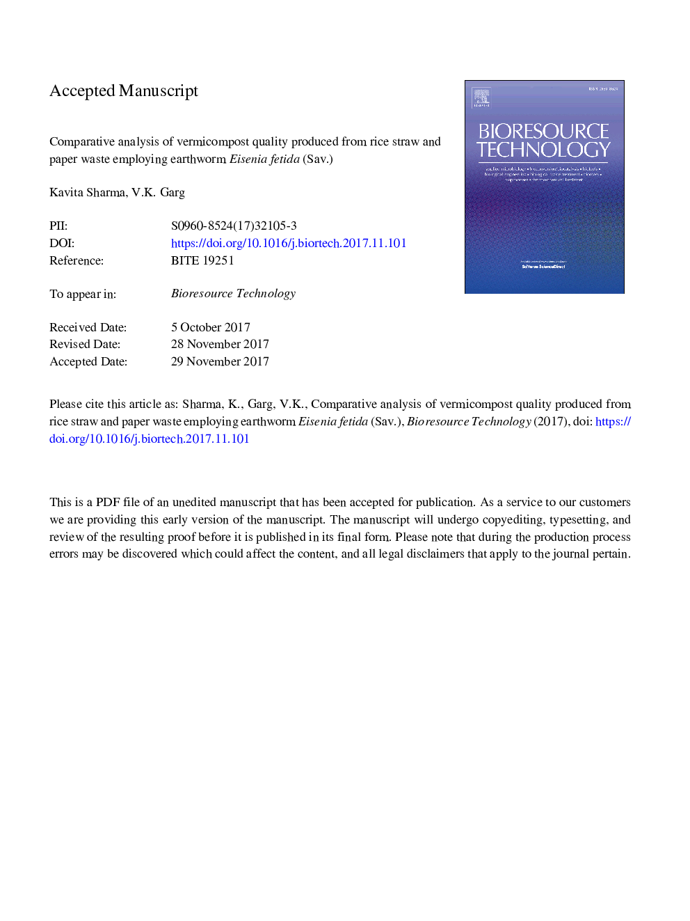 Comparative analysis of vermicompost quality produced from rice straw and paper waste employing earthworm Eisenia fetida (Sav.)