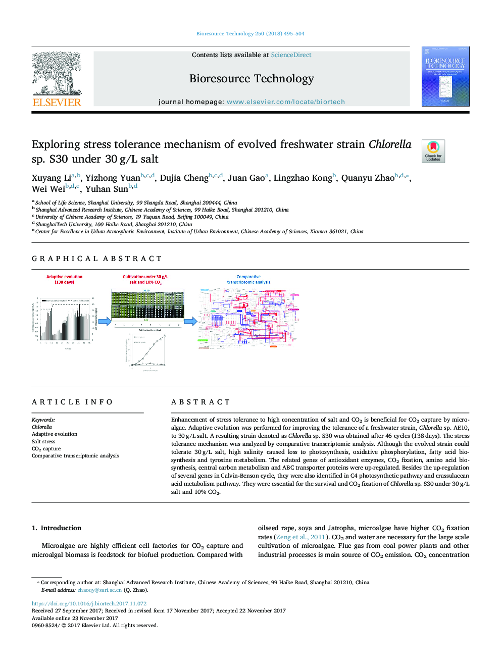 Exploring stress tolerance mechanism of evolved freshwater strain Chlorella sp. S30 under 30â¯g/L salt