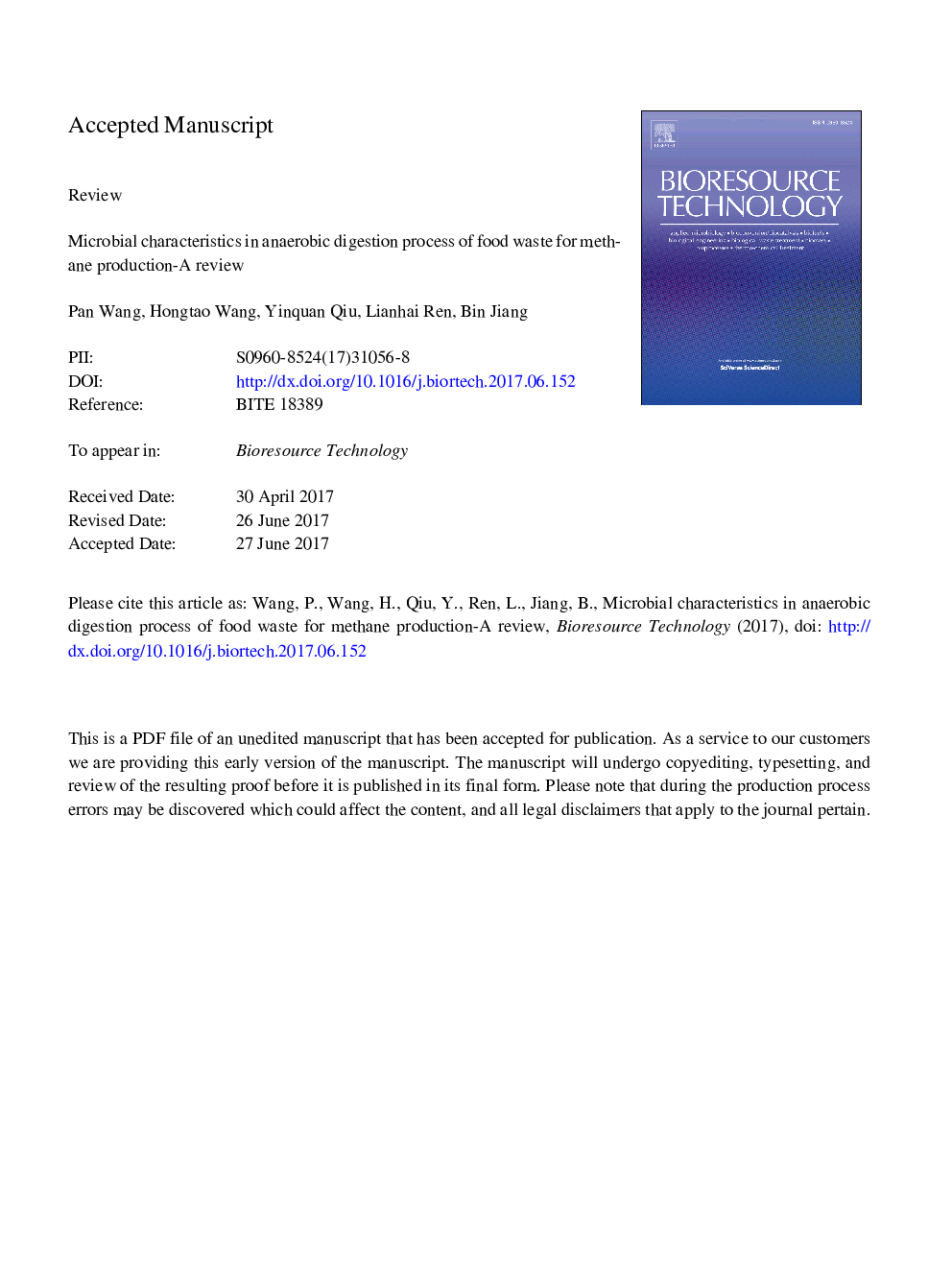 Microbial characteristics in anaerobic digestion process of food waste for methane production-A review