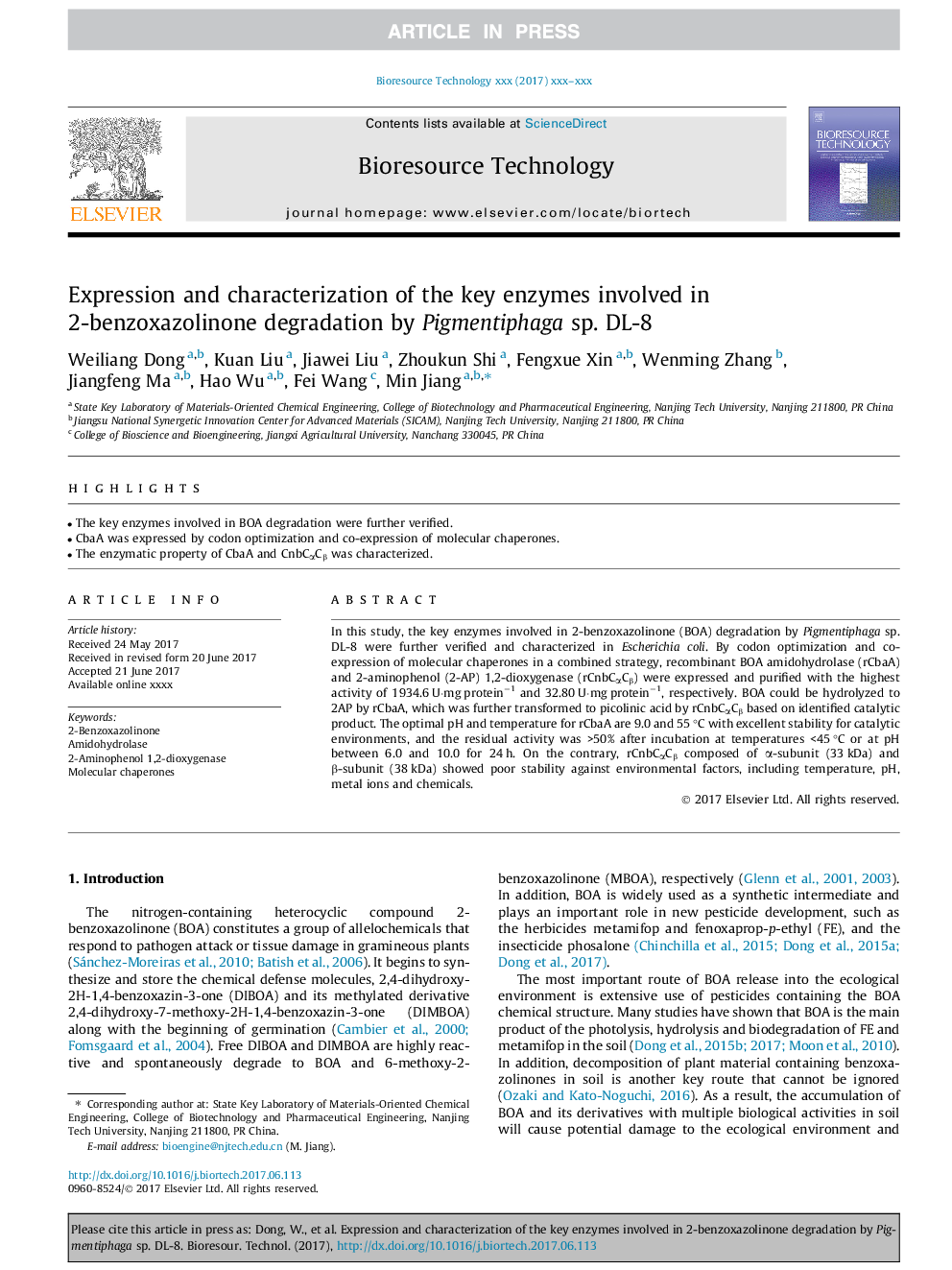 Expression and characterization of the key enzymes involved in 2-benzoxazolinone degradation by Pigmentiphaga sp. DL-8