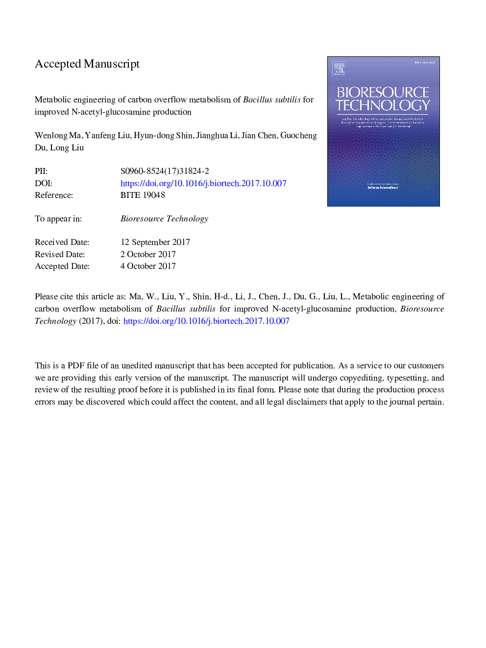 Metabolic engineering of carbon overflow metabolism of Bacillus subtilis for improved N-acetyl-glucosamine production