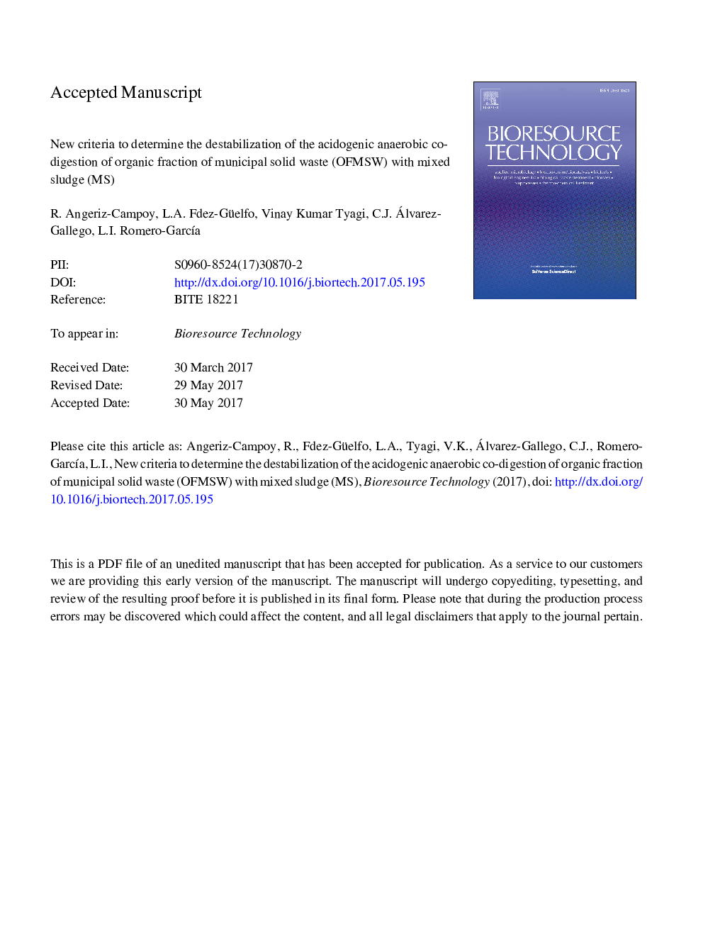 New criteria to determine the destabilization of the acidogenic anaerobic co-digestion of organic fraction of municipal solid waste (OFMSW) with mixed sludge (MS)