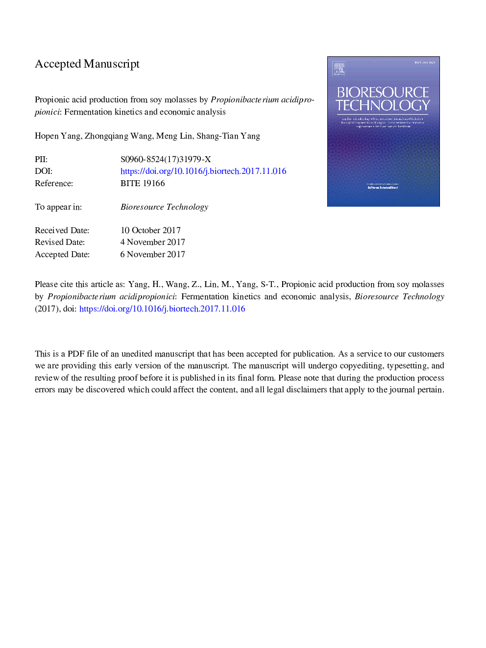 Propionic acid production from soy molasses by Propionibacterium acidipropionici: Fermentation kinetics and economic analysis