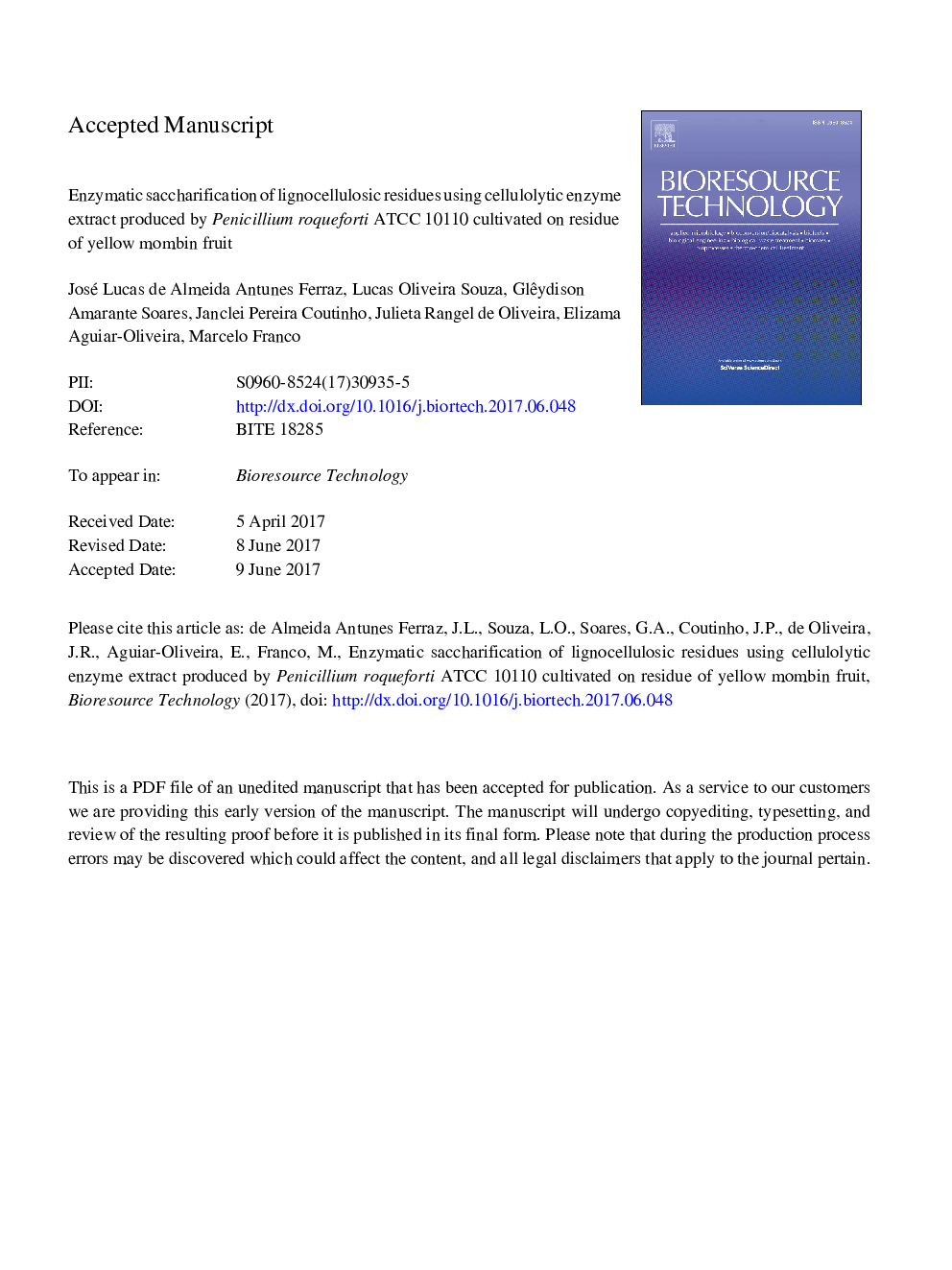 Enzymatic saccharification of lignocellulosic residues using cellulolytic enzyme extract produced by Penicillium roqueforti ATCC 10110 cultivated on residue of yellow mombin fruit