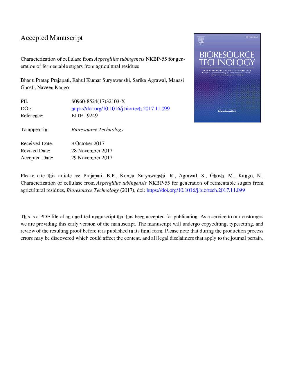 عکس صفحه اول مقاله: Characterization of cellulase from Aspergillus tubingensis NKBP-55 for generation of fermentable sugars from agricultural residues Characterization of cellulase from Aspergillus tubingensis NKBP-55 for generation of fermentable sugars from agricultural residues