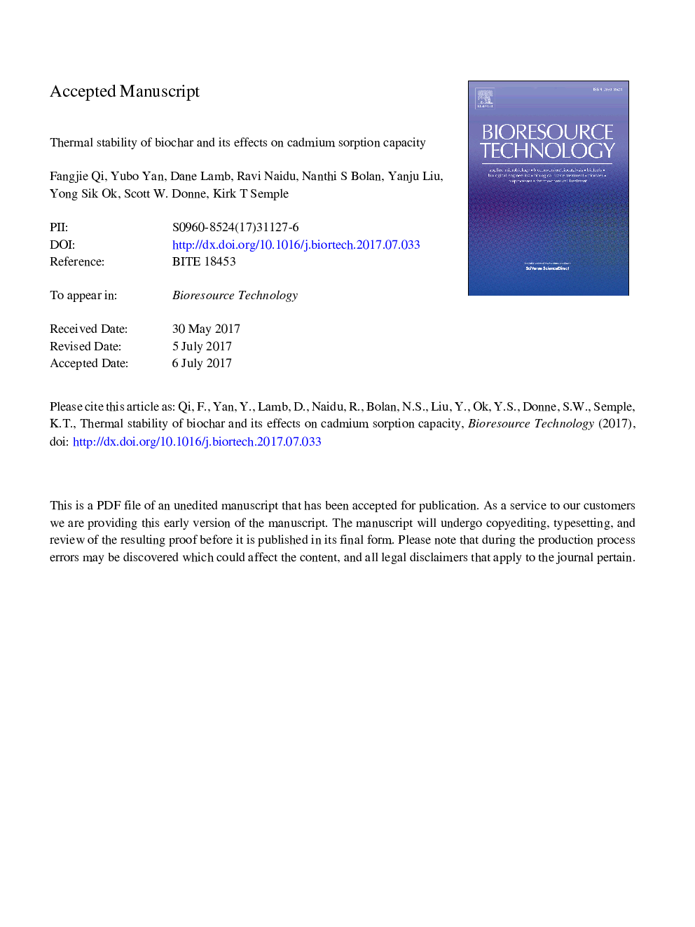 Thermal stability of biochar and its effects on cadmium sorption capacity