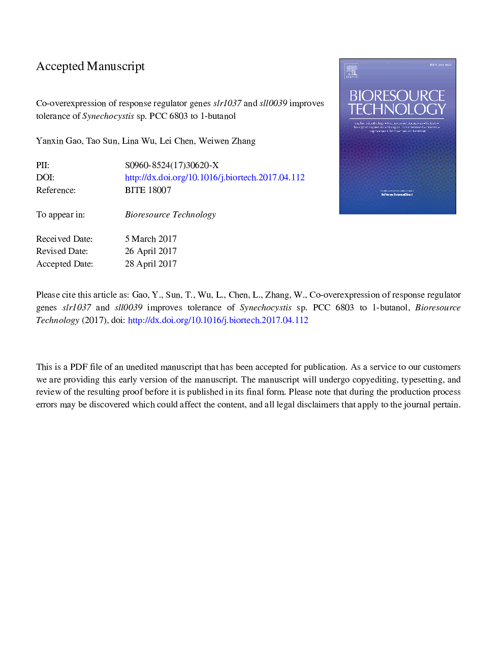 Co-overexpression of response regulator genes slr1037 and sll0039 improves tolerance of Synechocystis sp. PCC 6803 to 1-butanol