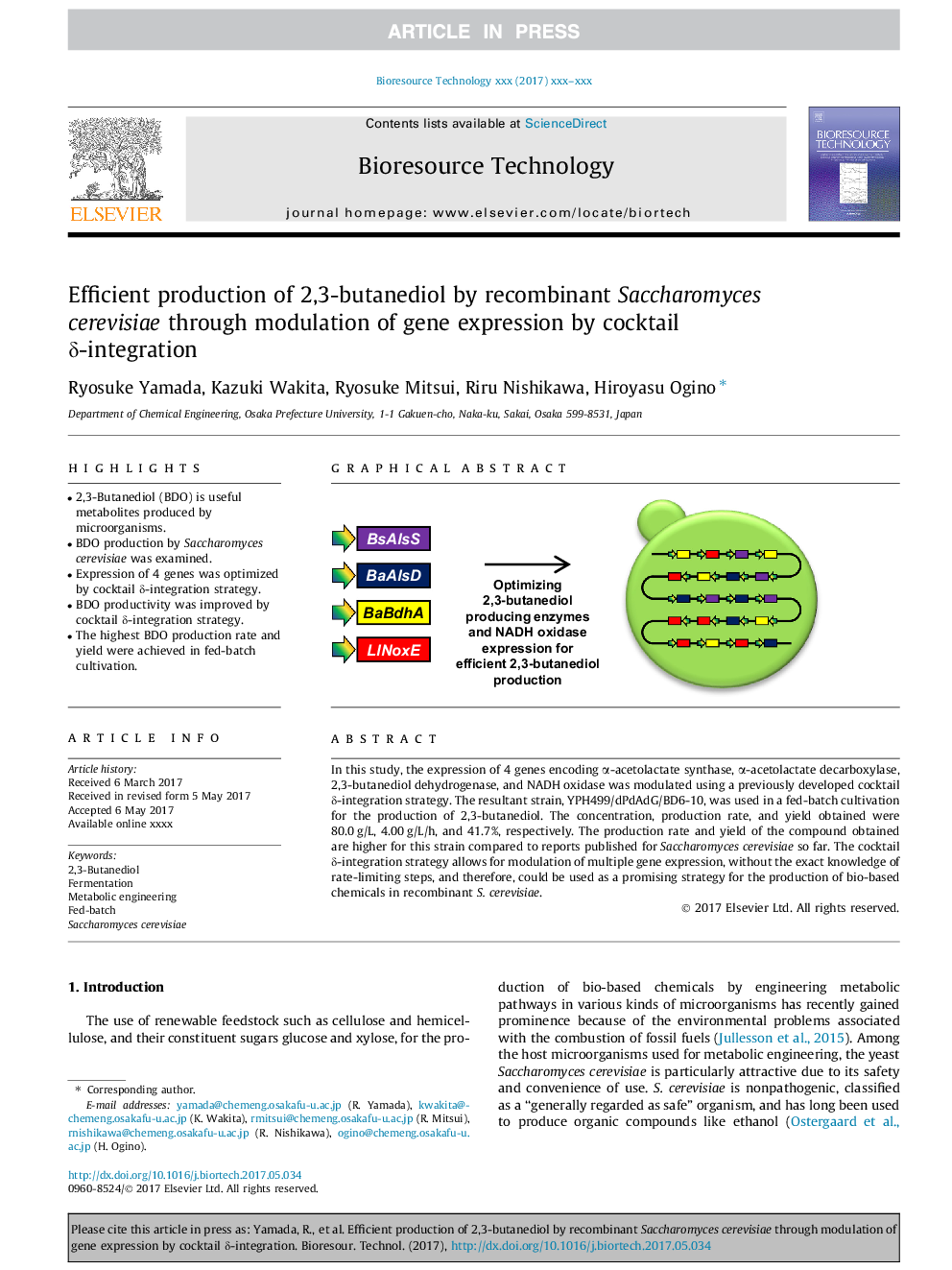 Efficient production of 2,3-butanediol by recombinant Saccharomyces cerevisiae through modulation of gene expression by cocktail Î´-integration