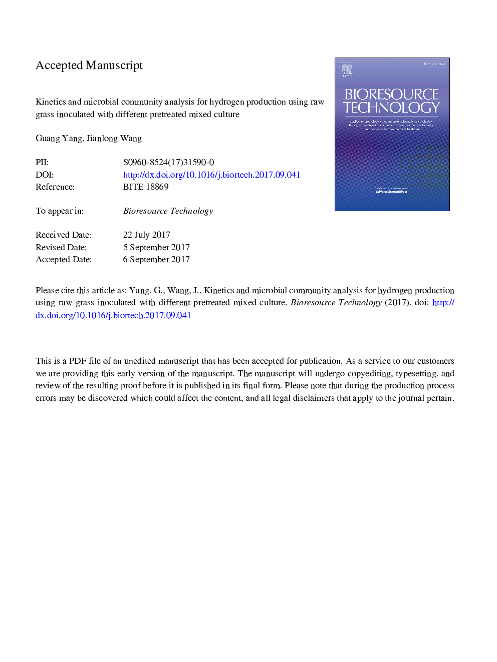 Kinetics and microbial community analysis for hydrogen production using raw grass inoculated with different pretreated mixed culture