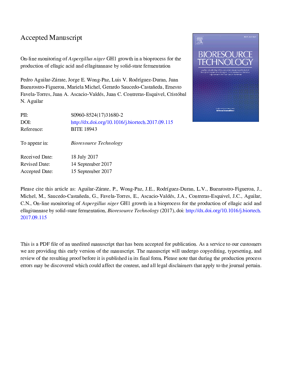 On-line monitoring of Aspergillus niger GH1 growth in a bioprocess for the production of ellagic acid and ellagitannase by solid-state fermentation