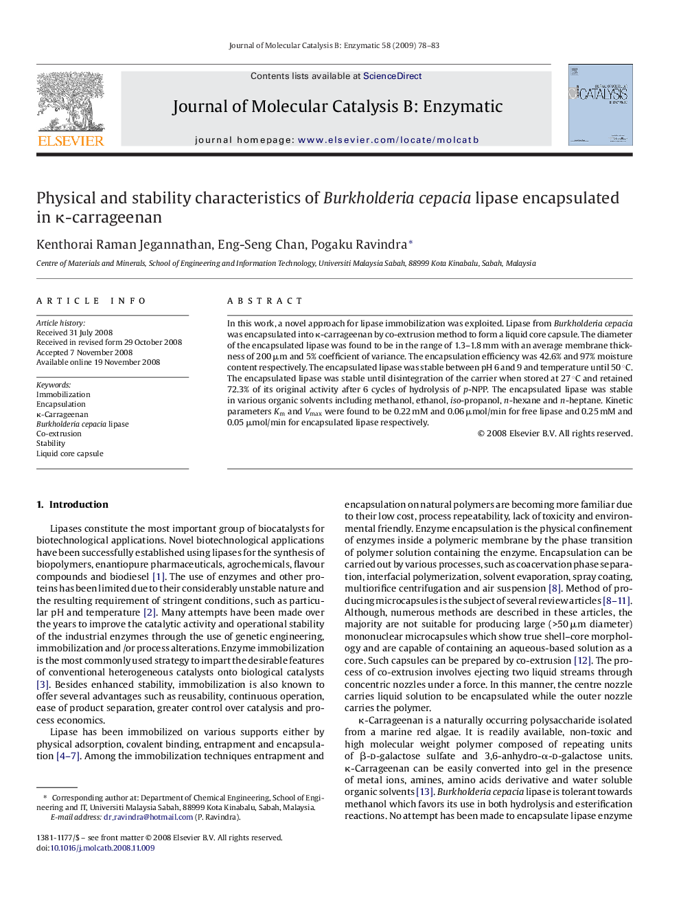 Physical and stability characteristics of Burkholderia cepacia lipase encapsulated in κ-carrageenan